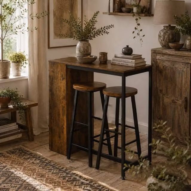 Wyld Haus Vasori 3 Piece Industrial Bar Table and Chairs Set with Storage Shelves in Brown and Black
