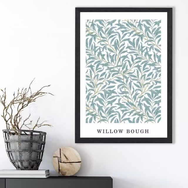 ARTZE Vintage William Morris Green and Yellow Willow Pattern Botanical Floral Art Print with Black Frame, Size: A2
