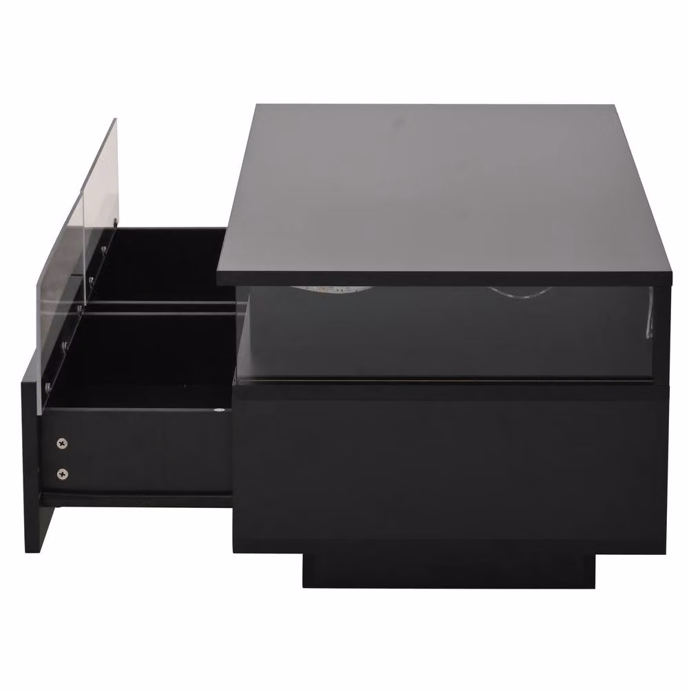 STILVORA Modern Rectangular Coffee Table with Glass Top, Drawers and LED Light in Black and Transparent – 8