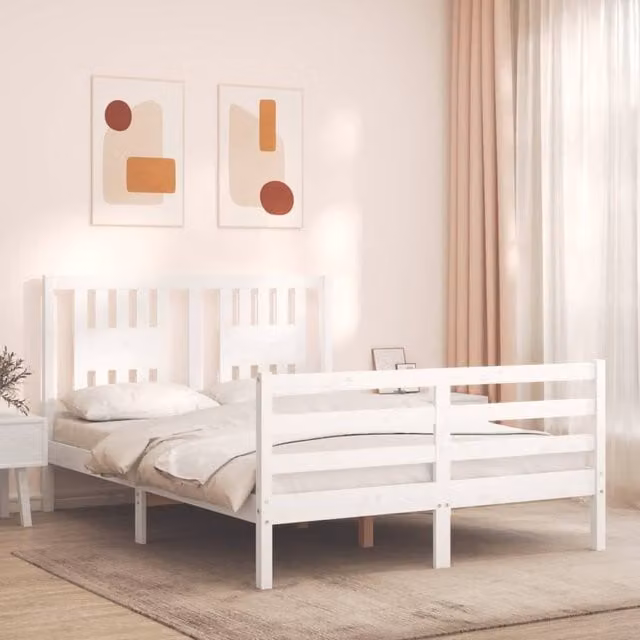 Berkfield Home White Solid Pine Wood Bed Frame with Headboard W/D/H: 140 x 200 cm