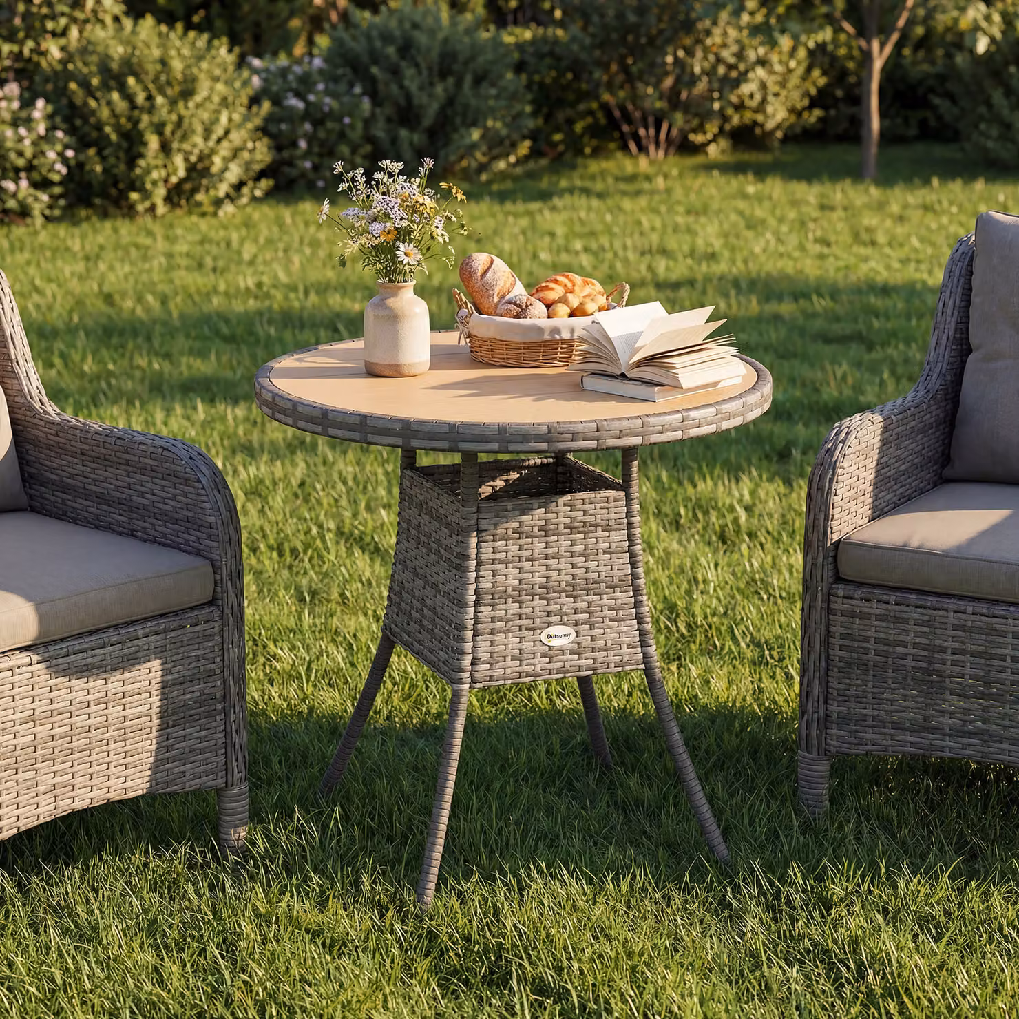 Outsunny Round Rattan Garden Table in Brown with Wood-Effect Finish – 7