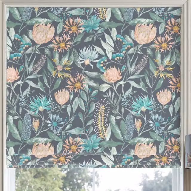 Voyage Vitoria Made to Measure Blackout Roman Blind in Blue Multicolour Floral Design