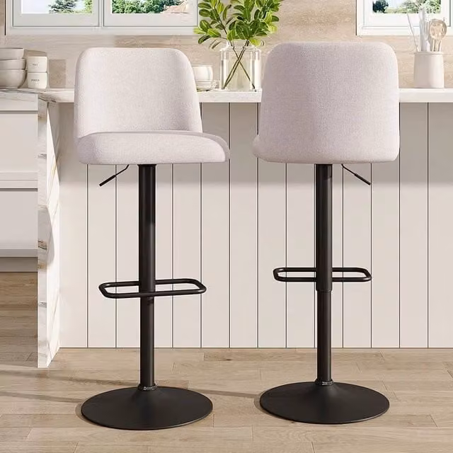 EONLION Set of 2 White Linen Upholstered Bar Stools with Gas Lift and 360 Degree Swivel – 1