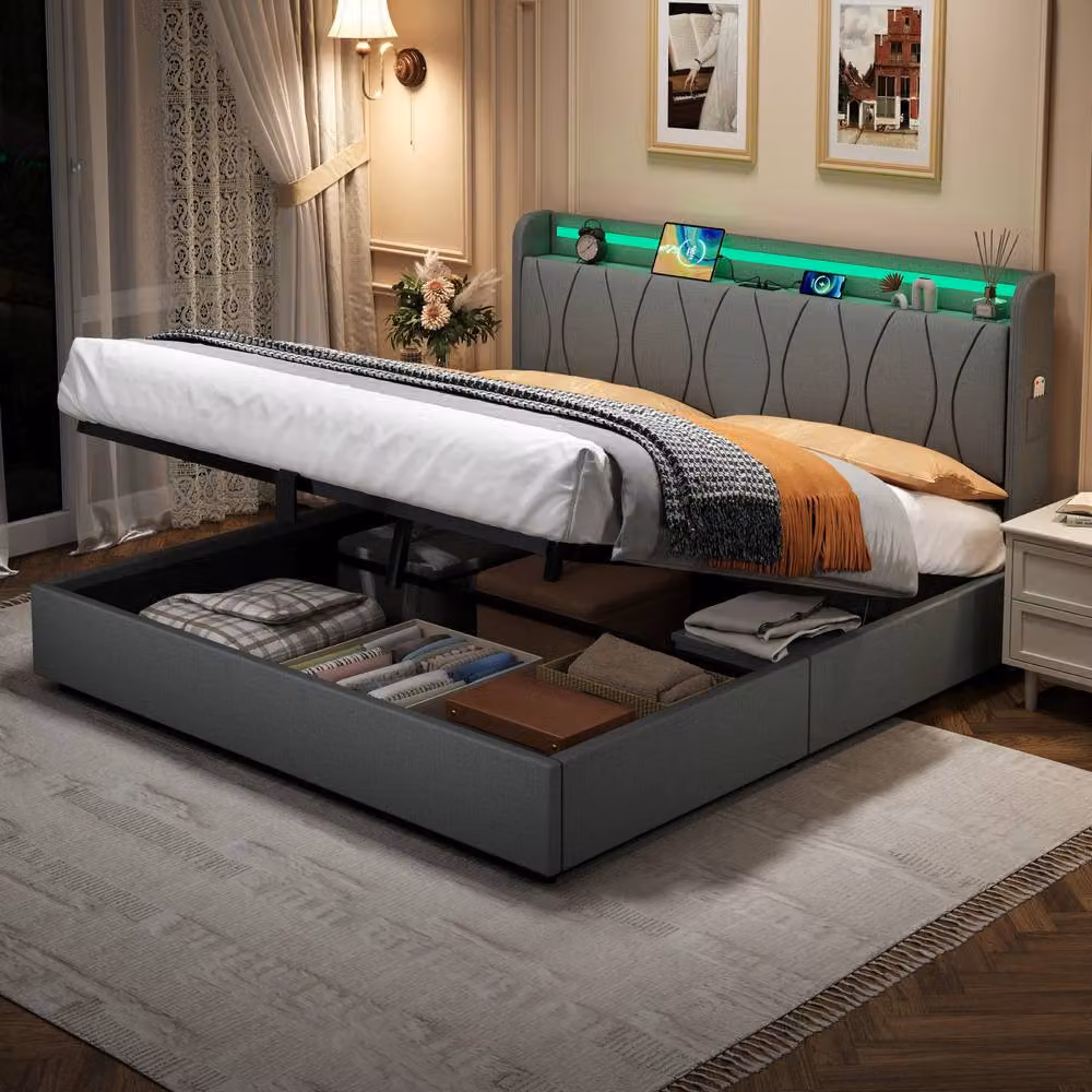 Rolipo King Size Bed Frame with Hydraulic Storage, LED Headboard and USB Charging Port, Grey Linen Fabric, W/D/H: 152.4 x 140 x 200 cm – 2