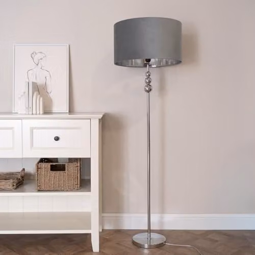 ValueLights Marissa Chrome Stacked Ball Floor Lamp with Grey Velvet and Chrome Inner Shade – 2