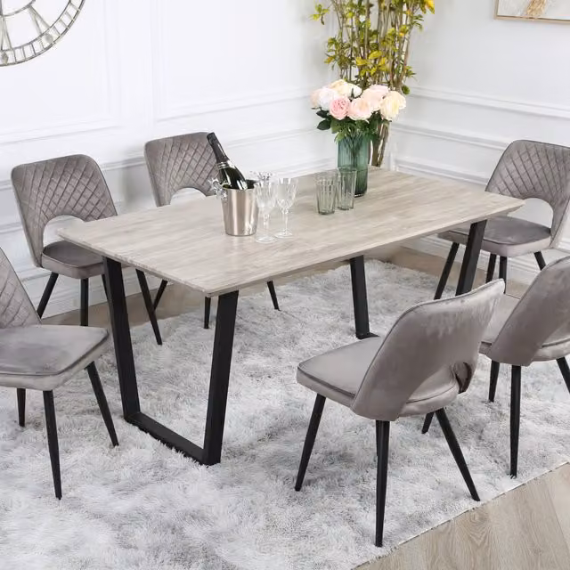 Home Garden Direct Modern Rectangular Wood-effect Dining Table Set with 6 Grey Metis Velvet Sled Base Chairs