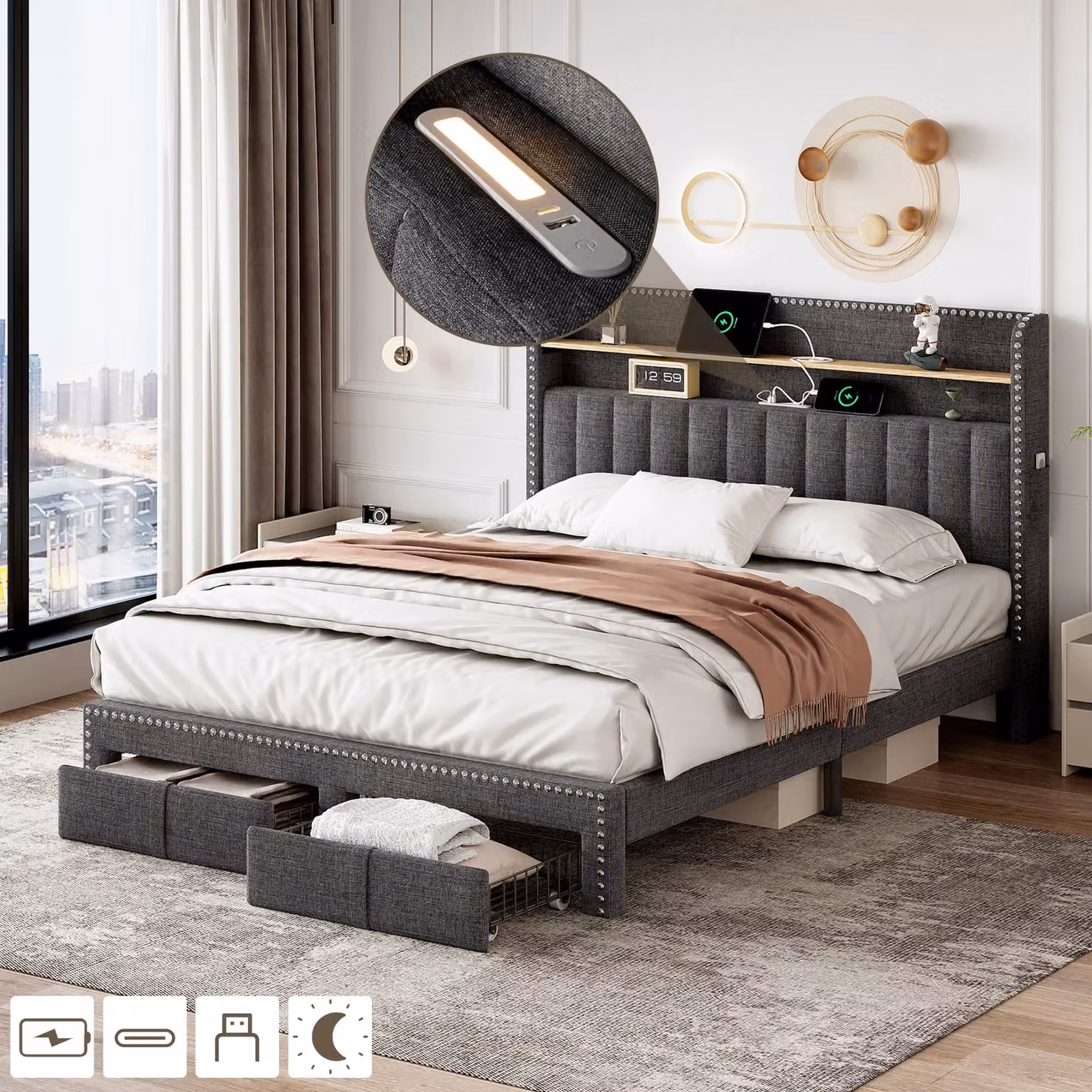 AKA Double Upholstered Bed in Grey with 2 Storage Drawers, Bedside Shelf and USB Charging Port, W/D/H: 140 x 200 cm – 4
