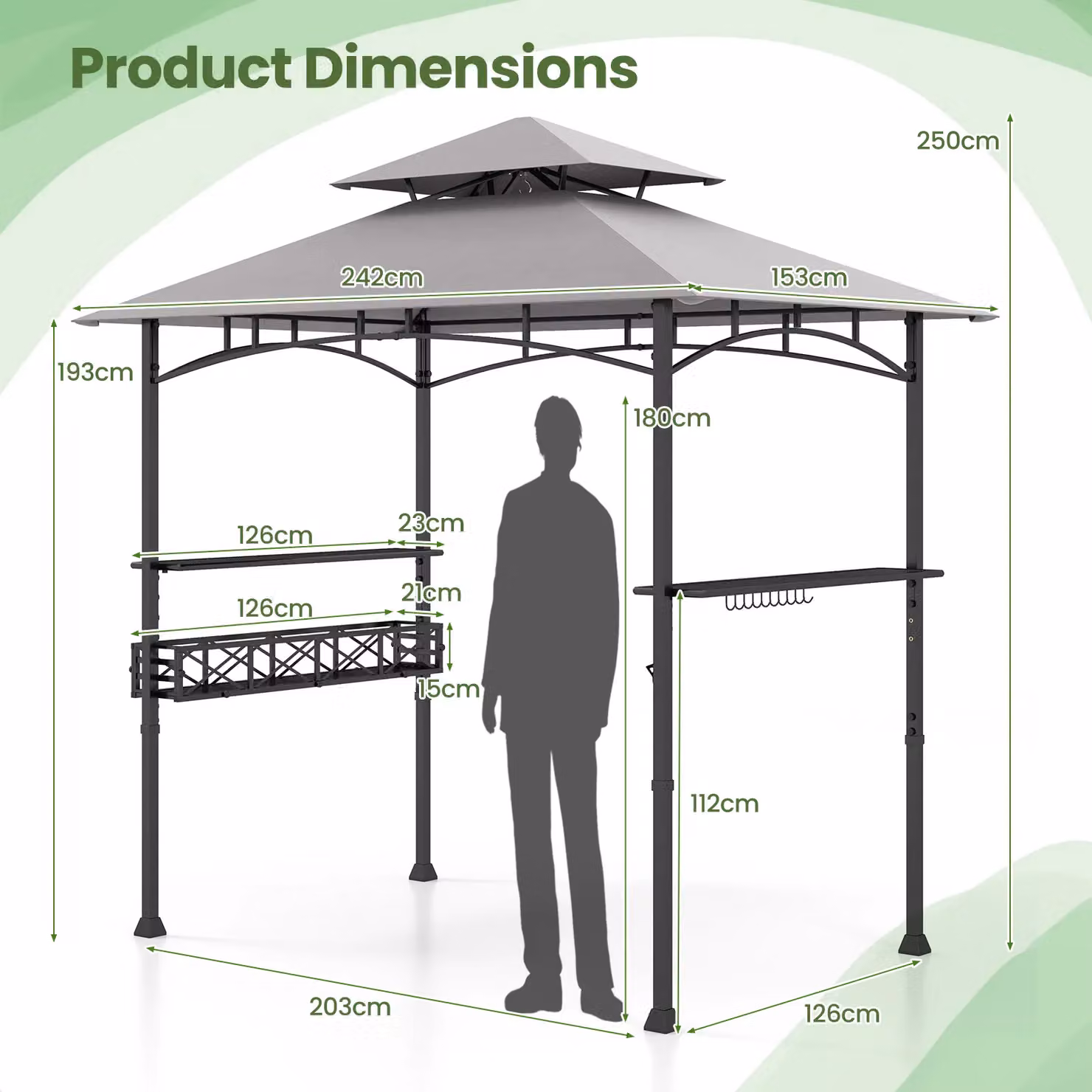 Gymax Outdoor Grill Gazebo BBQ Canopy Tent with 2 Side Shelves, Grey, W: 242 cm, D: 153 cm, H: 250 cm – 3