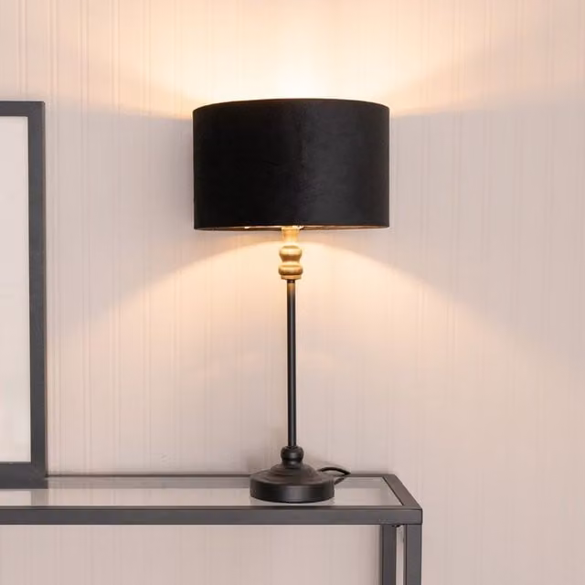 ValueLights Maggie Black Metal Candlestick Table Lamp with Black Velvet and Gold Inner Shade