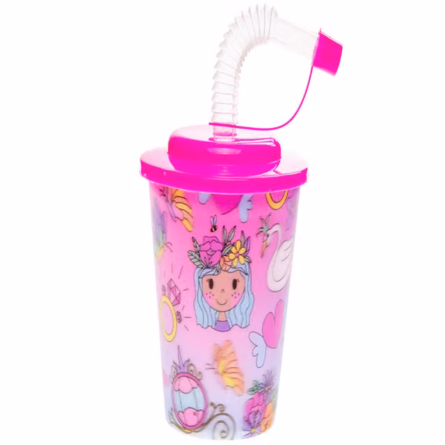 LG-Imports Pack of 12 Princess Theme 3D Leakproof Cups with Silicone Straw and Lid, White and Multicolour, 250 ml