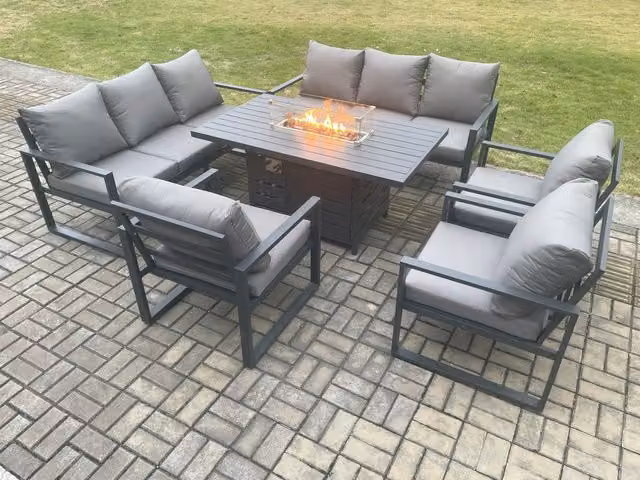 Fimous Aluminium Garden Furniture Set with Gas Fire Pit Dining Table and 3 Armchairs in Dark Grey