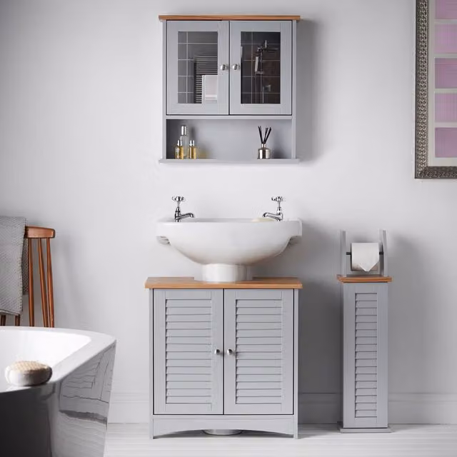 CARME HOME Atlanta 3 Piece Grey Bathroom Furniture Set with Sink Storage Cabinet and Mirror