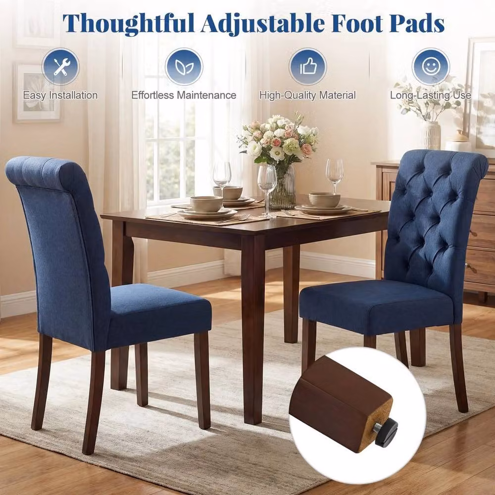 KORVIXA Set of 2 Blue Button Tufted Upholstered Fabric Dining Chairs with Wood Frame – 3