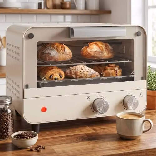 HOMCOM 12L Multifunction Mini Countertop Oven with Grill, Timer and Glass Door, White/Beige – 6