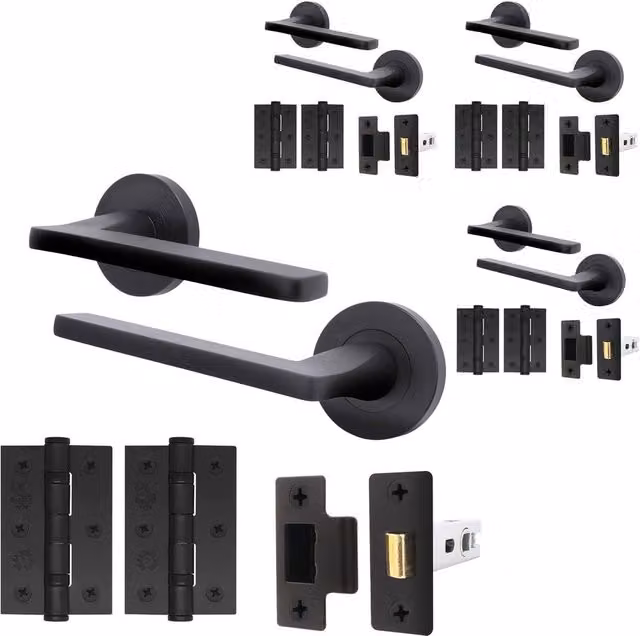 AFIT Matt Black Aluminium Door Handle Latch and Hinge Set, 4 Pack, Size: 150 x 150 mm – 1