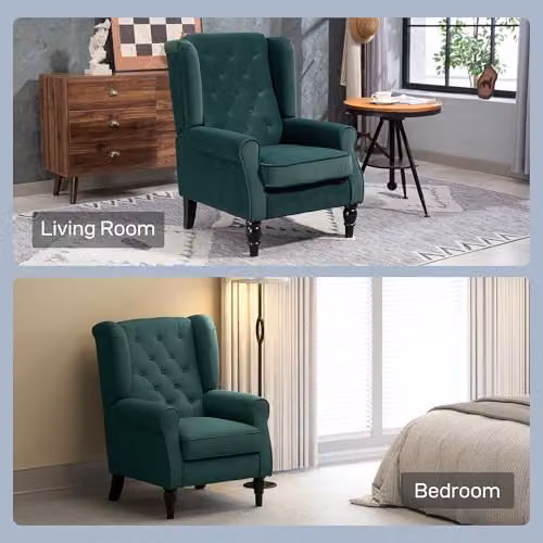 HOMCOM Retro Green Velvet Wingback Accent Chair with Solid Wood Frame, W/D/H: 74 x 102 x 86 cm – 6