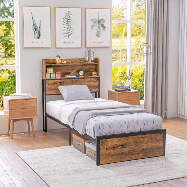 HOMCOM Single Industrial Bed Frame with Storage Headboard and Side Compartments in Rustic Brown and Black
