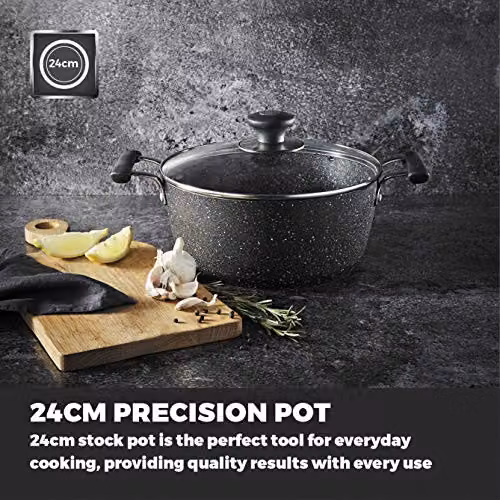 Tower Precision Non-Stick Aluminium Stock Pot with Glass Lid, Black, Diameter: 24 cm – 3