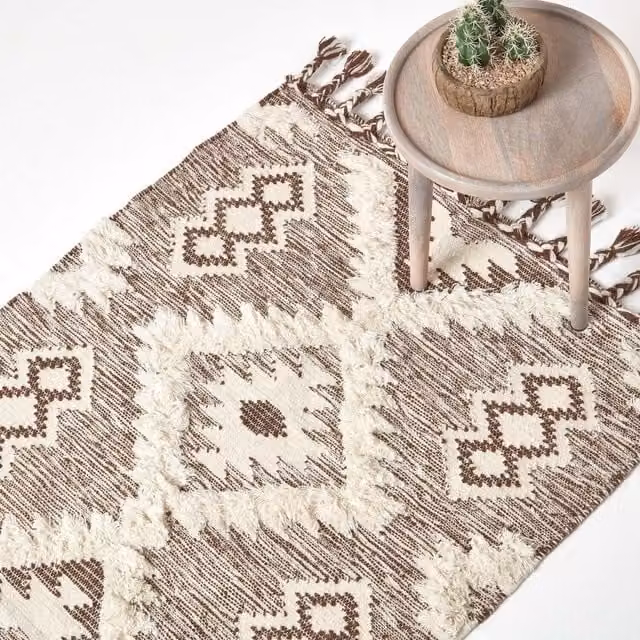 Homescapes Lhasa Handwoven Diamond Pattern Kilim Wool and Cotton Rug, Brown, Width: 150 cm