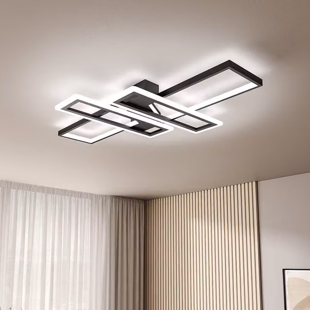 Livingandhome Modern Z-Shaped Rectangular LED Ceiling Light with Black Frame and Cool White Light, 96W