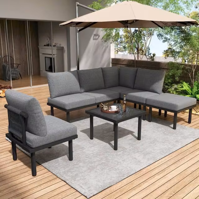 HomeTouch Handwoven Rope 6 Seater Garden Lounge Set with Coffee Table in Grey – 1