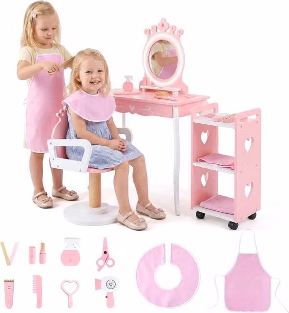 COSTWAY Wooden Pretend Hair Salon Station with Swivel Barber Chair and Rolling Cart, Pink