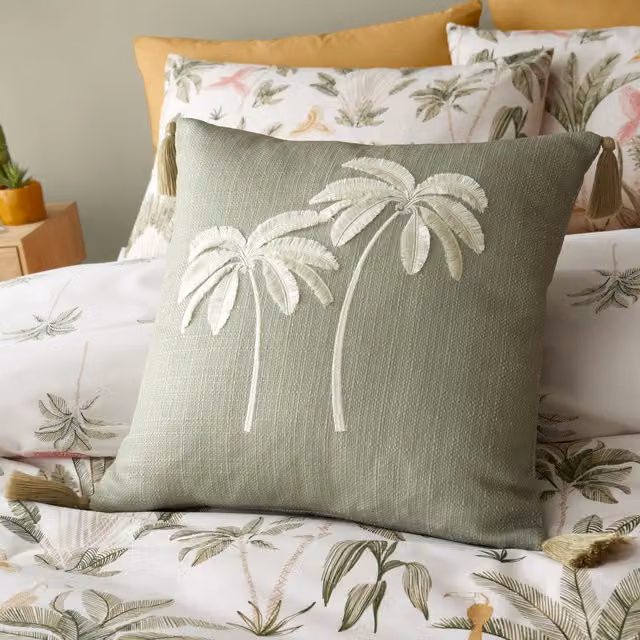 Catherine Lansfield Paradiso Palm Embroidered Square Filled Cushion, Sage Green, W x D: 45 x 45 cm
