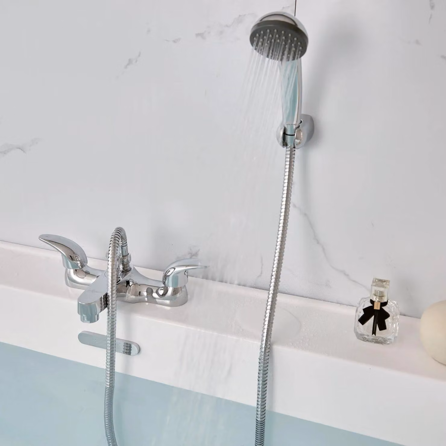 BATHWEST Brass Chrome Bathtub Filler Mixer Taps with Shower Waterfall in Metallic Silver – 2