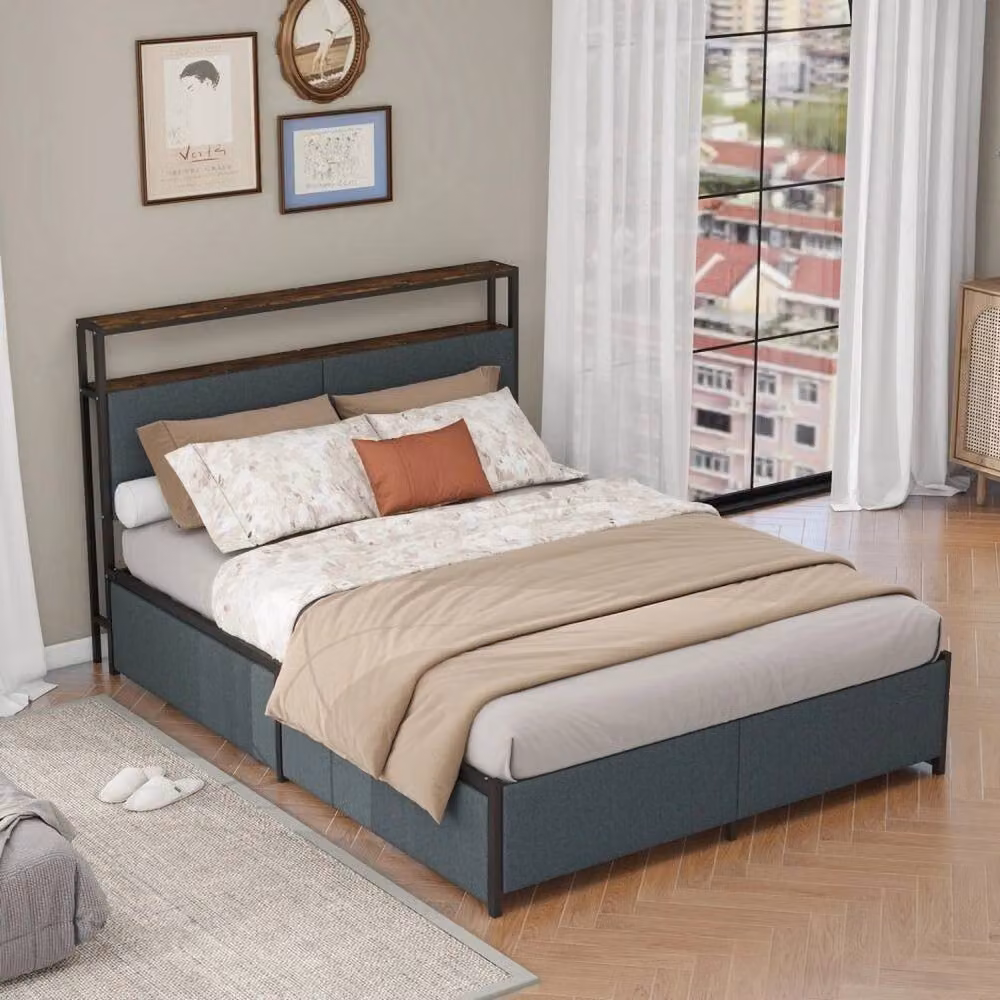 FLAVORA Metal Bed Frame with Headboard in Grey – 2