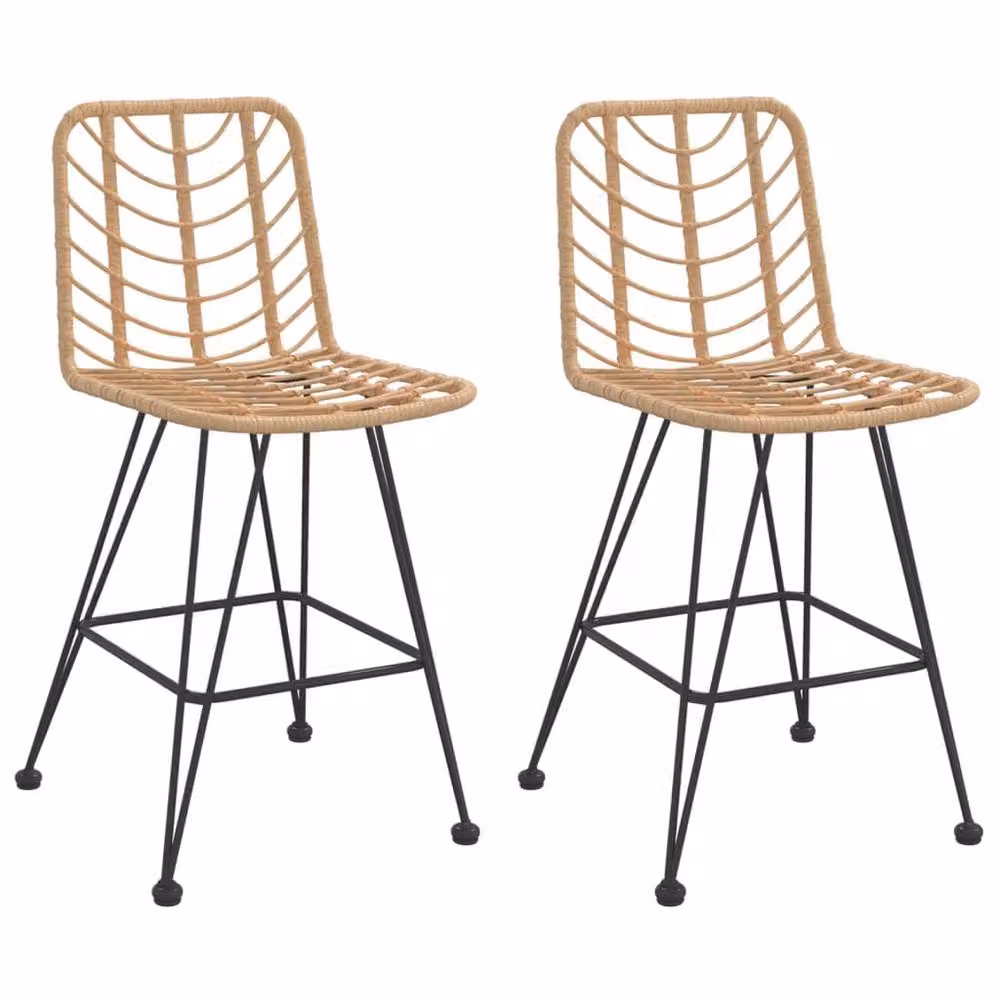 Berkfield Home Set of 2 Brown PE Rattan and Steel Bar Stools, W/D/H: 45 x 56 x 103.5 cm