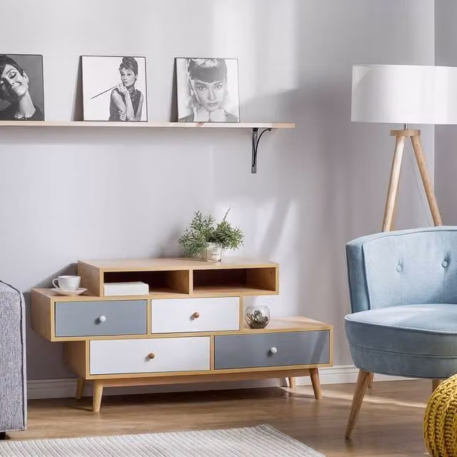 Wyld and Coco Brown Retro Sideboard with 4 Asymmetric Drawers and 2 Shelves