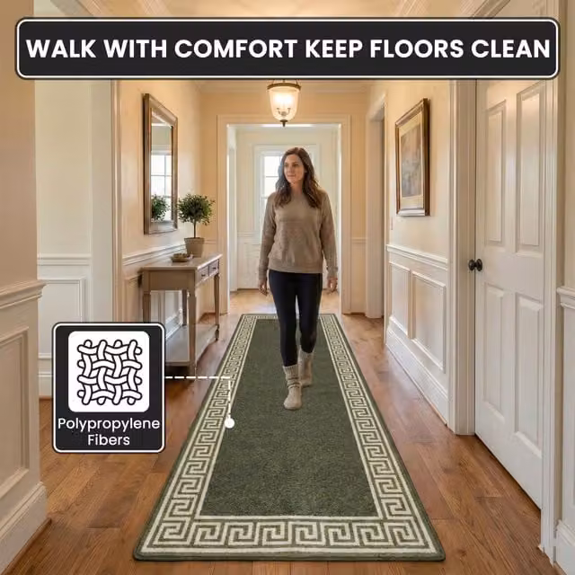 Smart Living Greekey Non Slip Heavy Duty Machine Washable Hallway and Kitchen Door Mat, Green, W/D: 60 x 40 cm