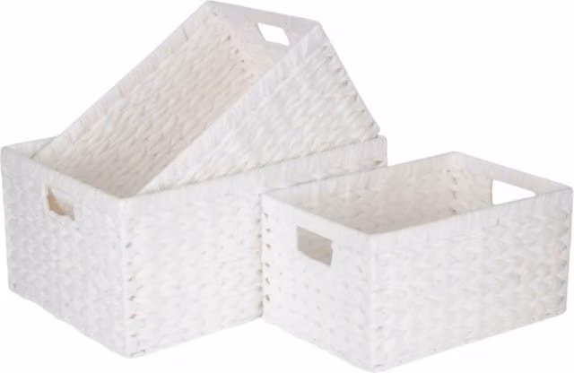 Set of 3 Red and White Rectangular Open Weave Paper Rope Storage Baskets with Metal Handles