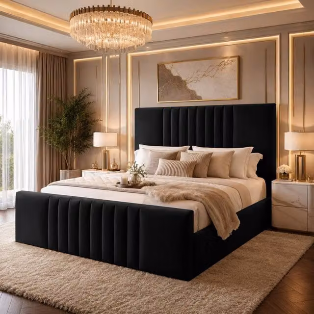 Desire Deco Ashley Upholstered Plush Velvet Panel Bed Frame in Black, W/D/H: 120 x 200 cm