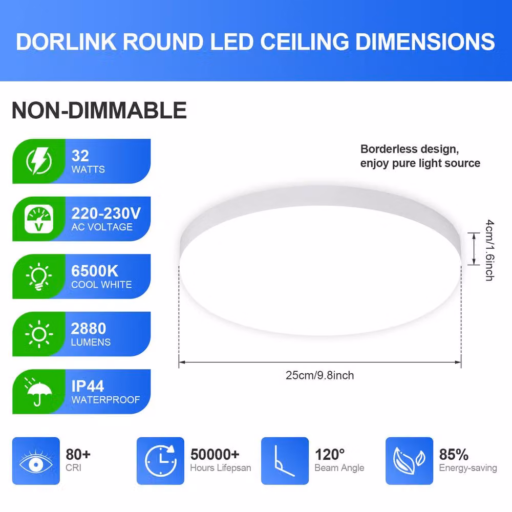 COMELY Extra-Flat Round LED Ceiling Light, White, 32W, 6500K, IP44, Diameter: 30 cm – 3