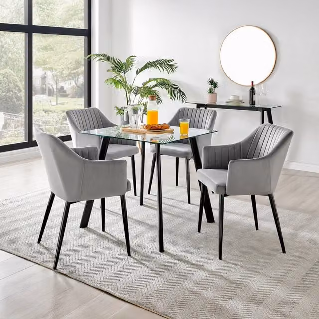 FurnitureboxUK Seattle Square Glass Dining Table and 4 Calla Black Leg Chairs in Grey