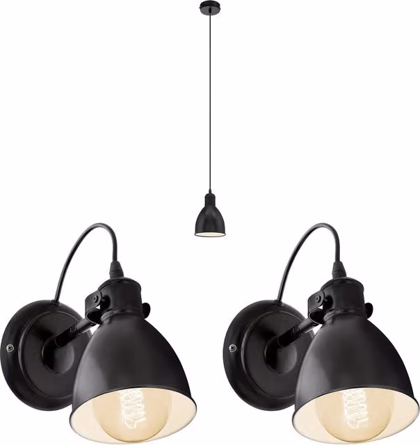 Loops Industrial Metal Ceiling Pendant Light and 2x Matching Wall Lights in Black