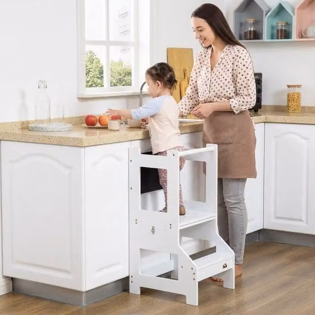 STILVORA Kids Step Stool with Chalkboard and Safety Rails in White