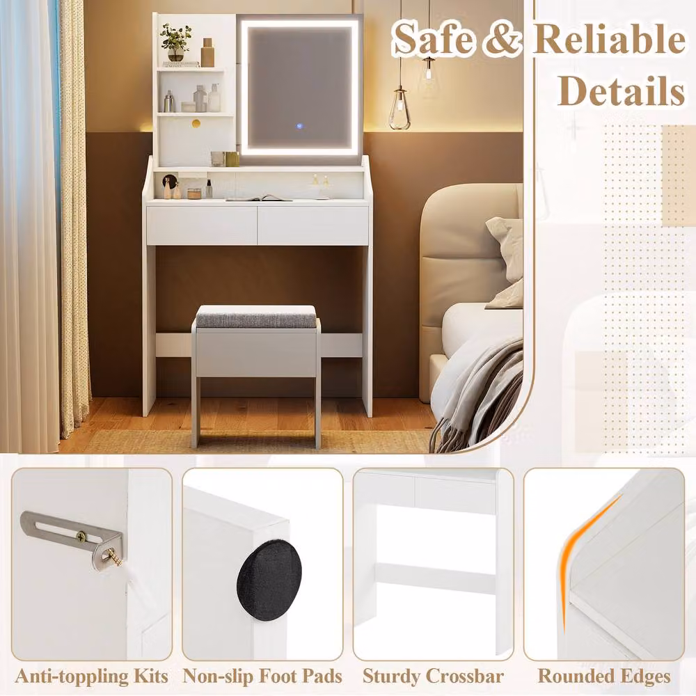 Costway Modern Wooden Vanity Desk Set with Hollywood LED Mirror and Storage Stool in White – 5