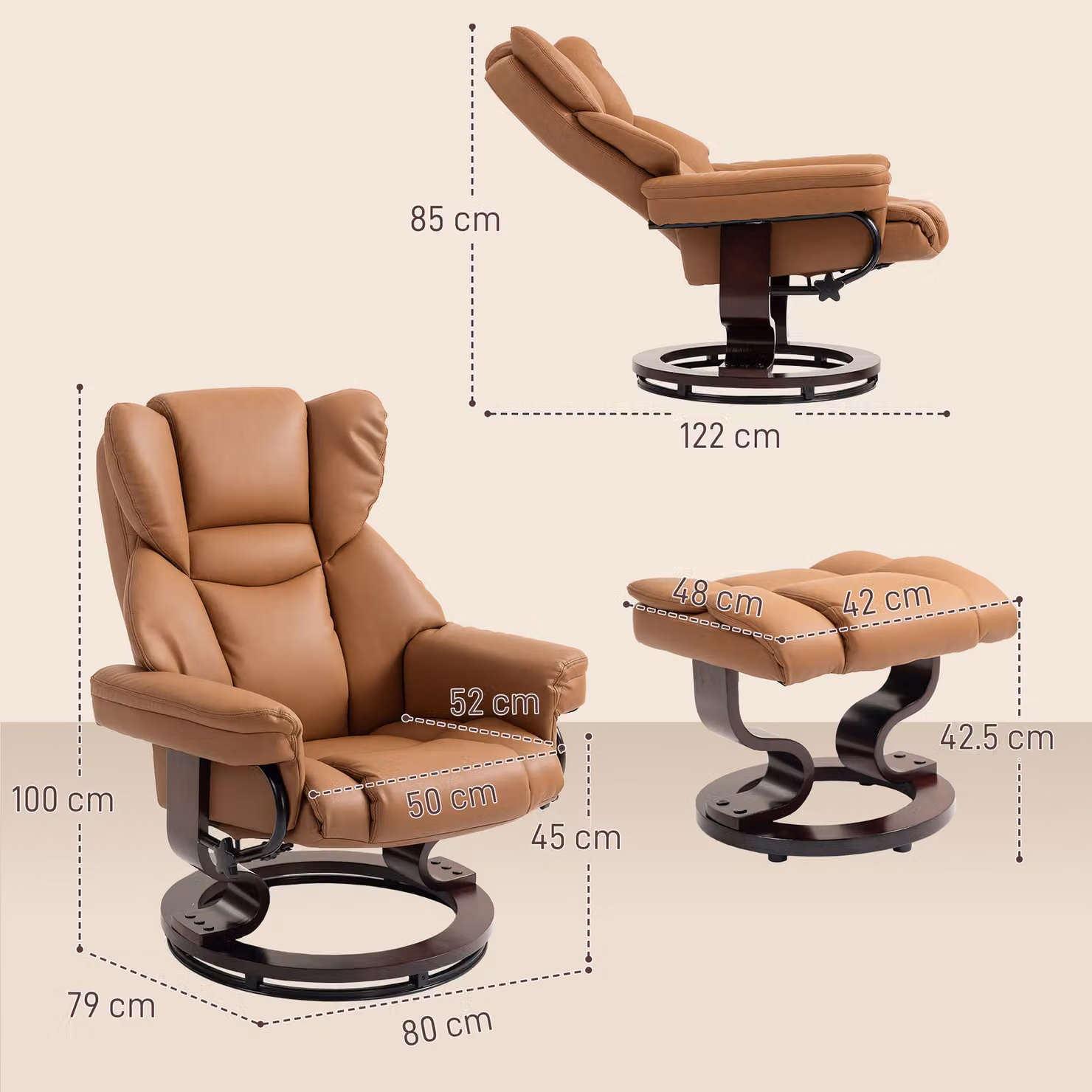 HOMCOM 360 Degree Swivel Recliner Chair with Matching Footstool in Brown PU Leather – 3