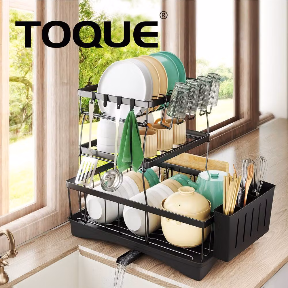 Toque 3 Tier Dish Drying Rack with Drip Tray and Cutlery Holder in Black – 8