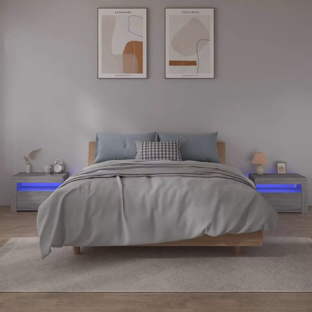 Berkfield Home Set of 2 Modern Grey Sonoma Bedside Cabinets with Integrated LED Lighting, W/D/H: 60 x 35 x 40 cm – 2