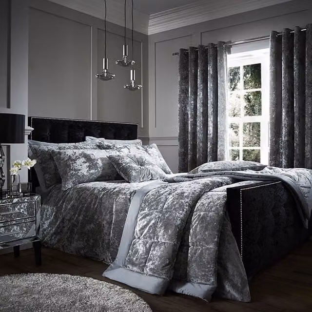Catherine Lansfield Silver Crushed Velvet Cotton Duvet Cover Bedding Set