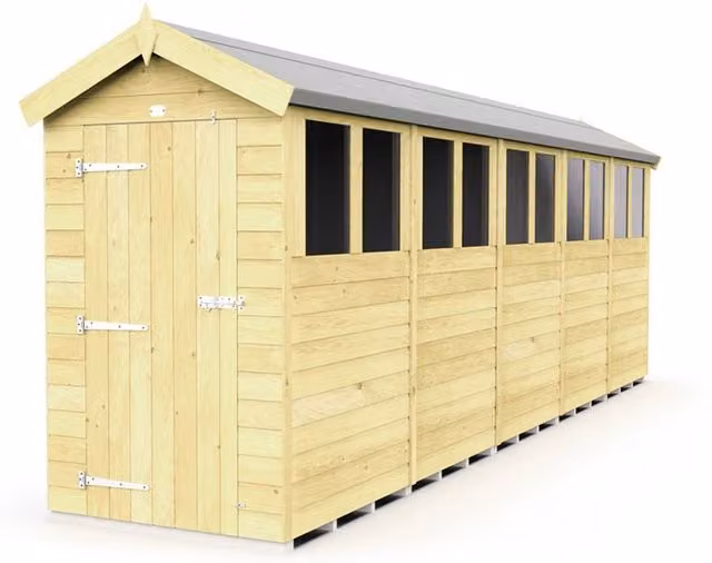 Buttercup Farm Brown Apex Wooden Garden Shed with Single Door and Windows, W: 118 cm, H: 217 cm, L: 592 cm – 1