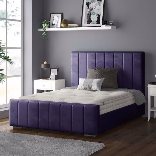 IH Design Modern Upholstered Striped Velvet Bed Frame, Purple, W: 180 cm, D: 200 cm