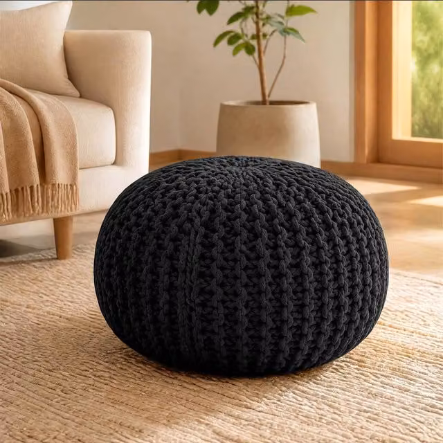 Bravich LTD Chunky Knitted Cotton Pouffe Footstool in Black, Diameter: 50 cm – 1