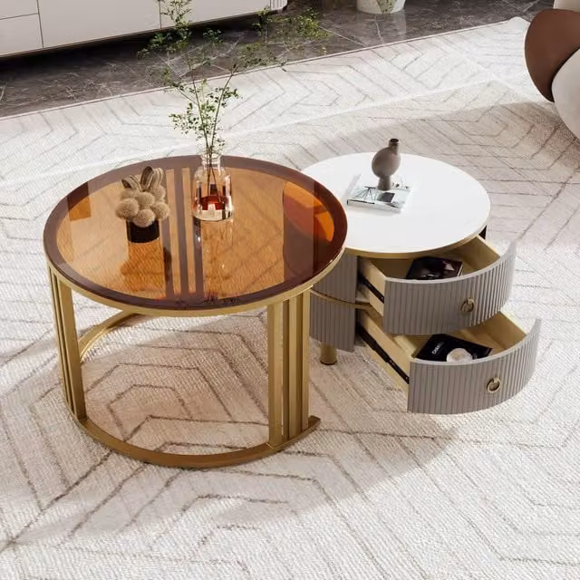 BTM Round Nesting Coffee Table Set with 2 Drawers in Grey and Brown – 1