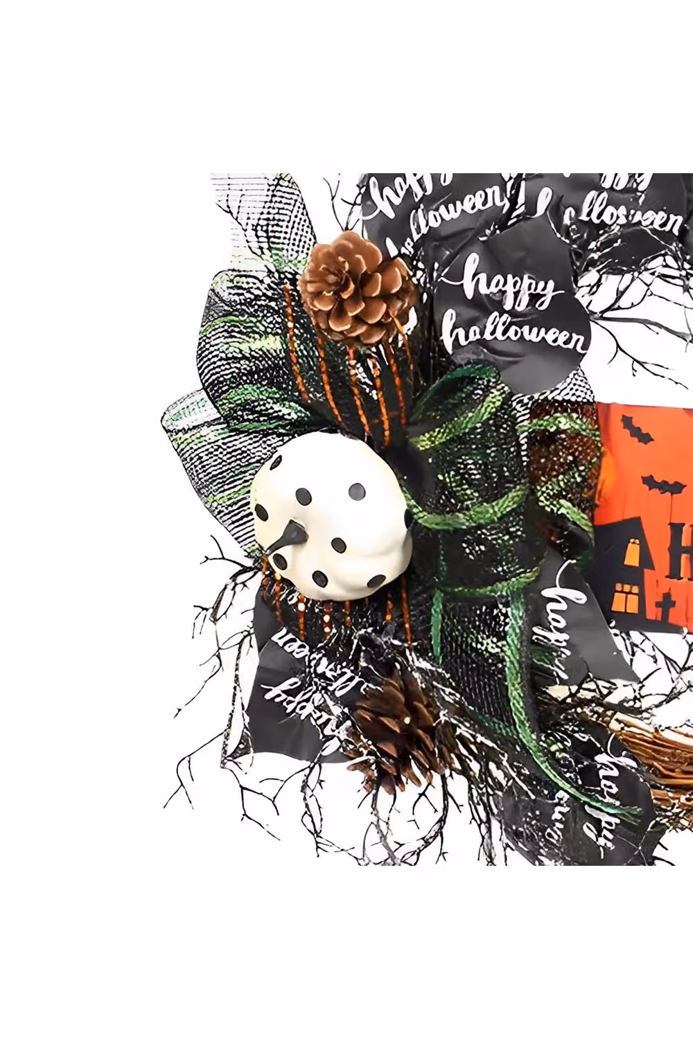 Living and Home Multicolour Halloween Wreath with Pumpkin, Bow, Pine Cones and Halloween Sign, Diameter: 40 cm – 4