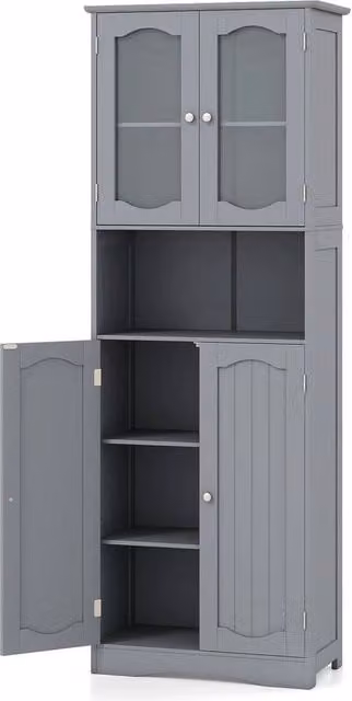 KORVIXA Tall Freestanding Bathroom Storage Cabinet in Grey with Glass Doors and Internal Shelves, W/D/H: 100 x 100 x 100 cm