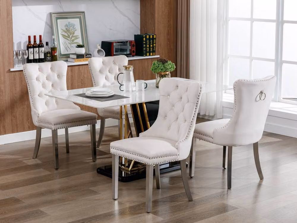 Modern Home Touch Winchester Set of 2 Beige Velvet Upholstered Kitchen Dining Chairs with Silver Chrome Legs – 2